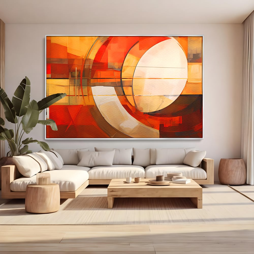 Tablou canvas cu tablou canvas cu pictura abstracta geometrica, in rama de aluminiu argintiu, pe perete intr-un living